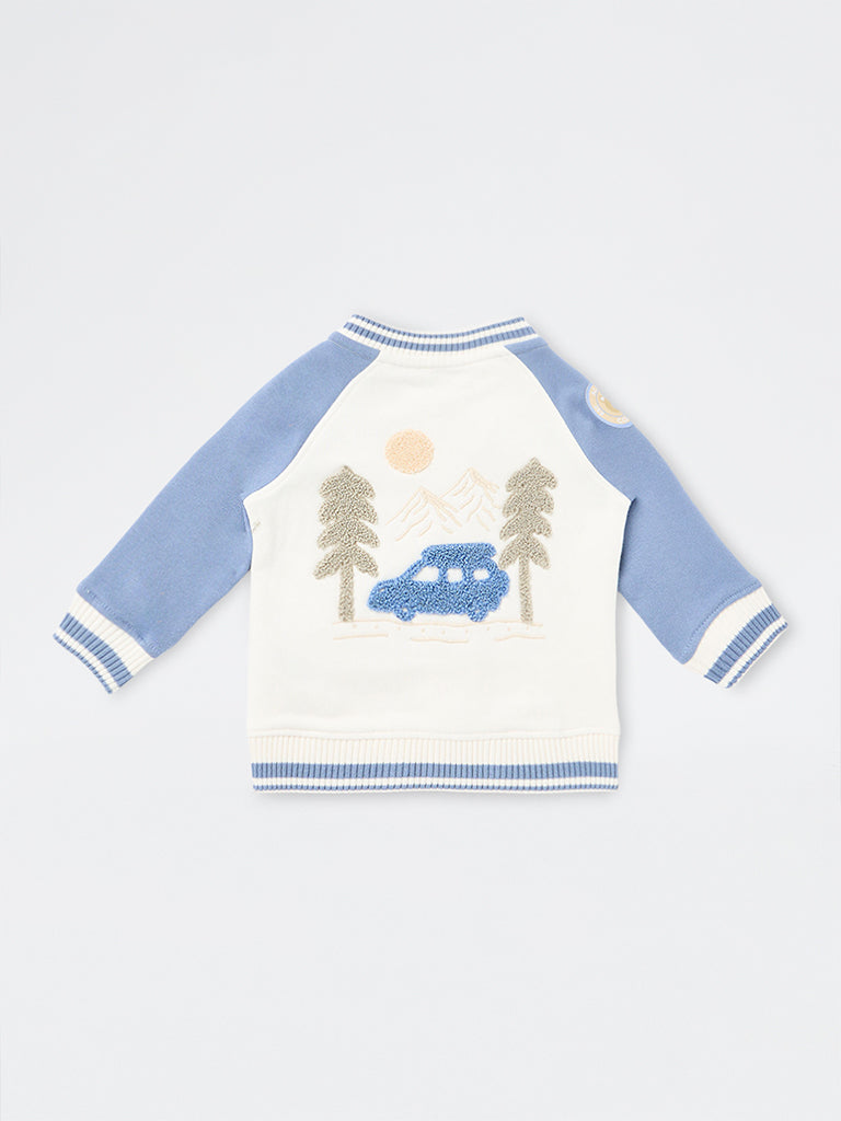 HOP Baby Boys Dusty Blue Animal Embroidered Cotton-Blend Varsity Jacket
