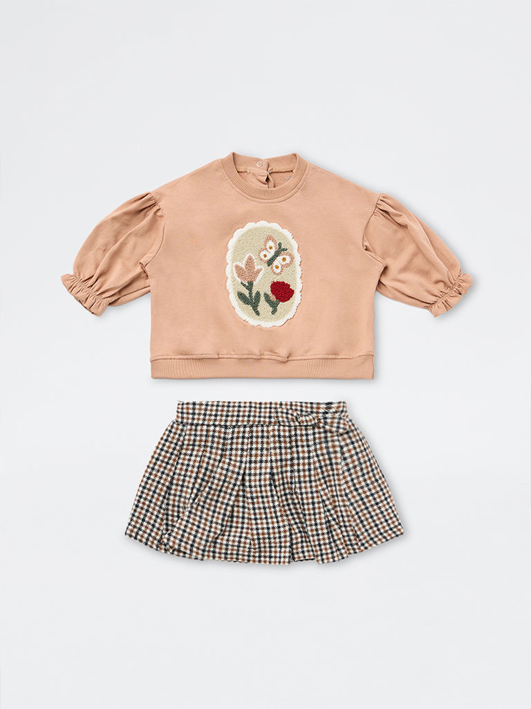 HOP Baby Girls Brown Floral Embroidered Cotton Sweatshirt and Skirt Set