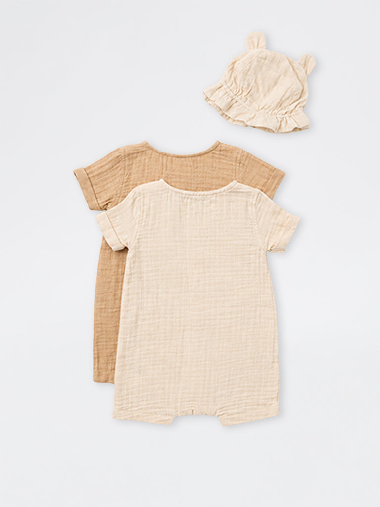 HOP Baby Girls Beige Cotton Romper with Hat Set – (Pack of 2)