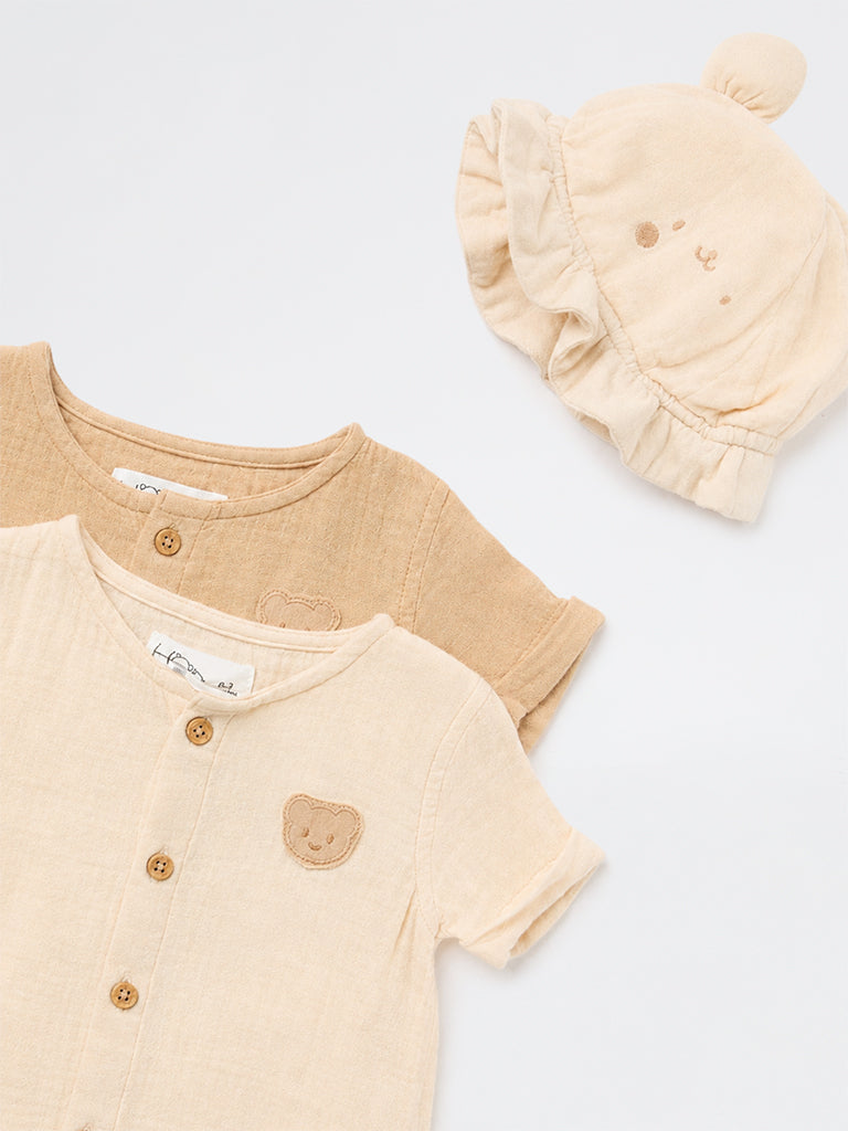 HOP Baby Girls Beige Cotton Romper with Hat Set – (Pack of 2)