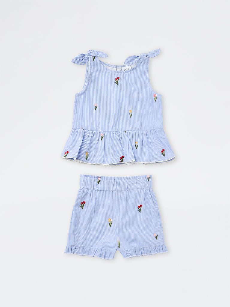 HOP Kids Girls Blue Striped Cotton Top and Shorts Set