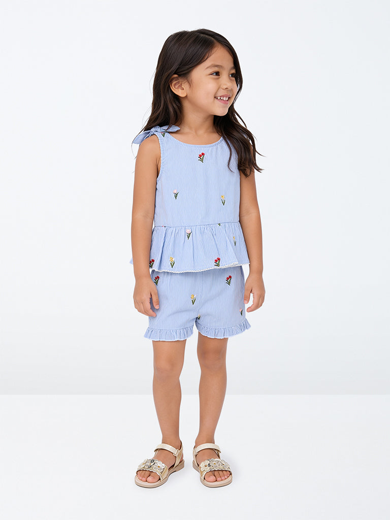 HOP Kids Girls Blue Striped Cotton Top and Shorts Set