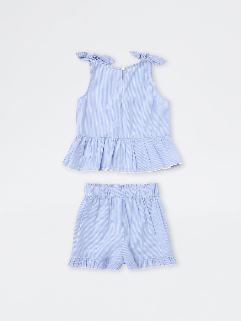 HOP Kids Girls Blue Striped Cotton Top and Shorts Set
