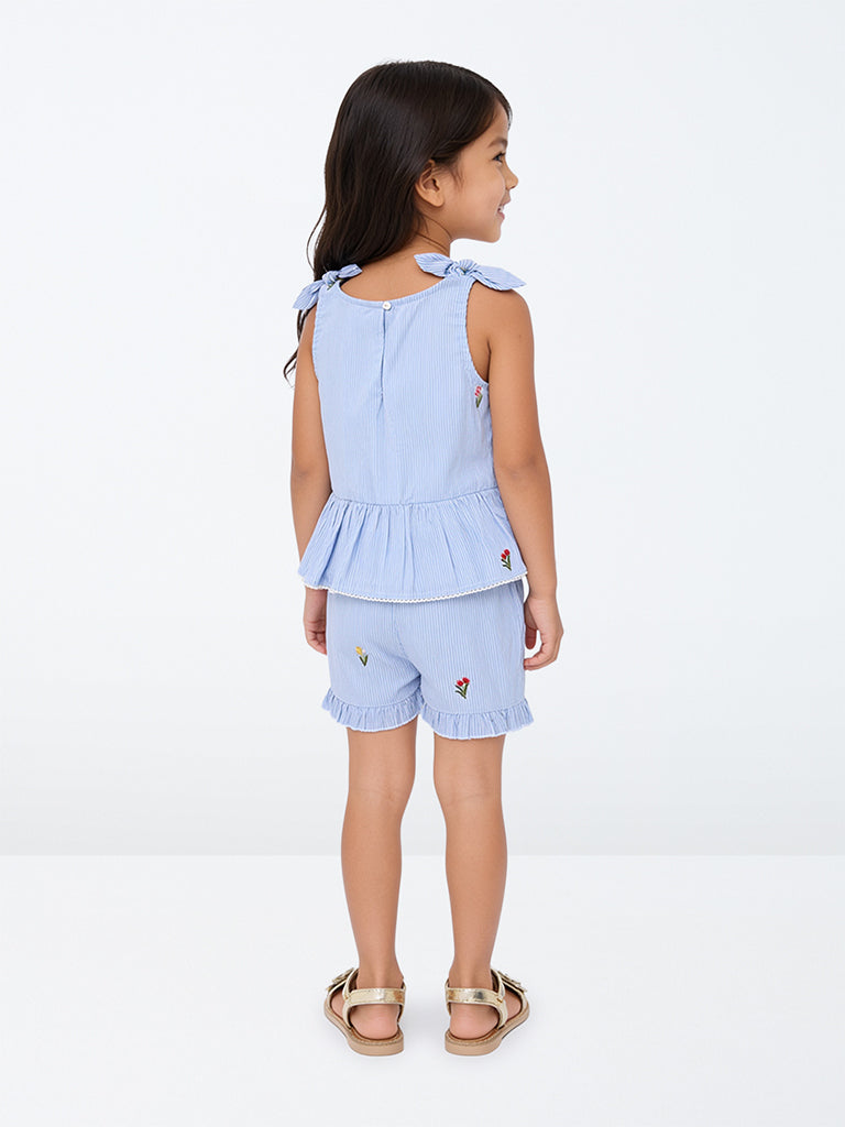 HOP Kids Girls Blue Striped Cotton Top and Shorts Set