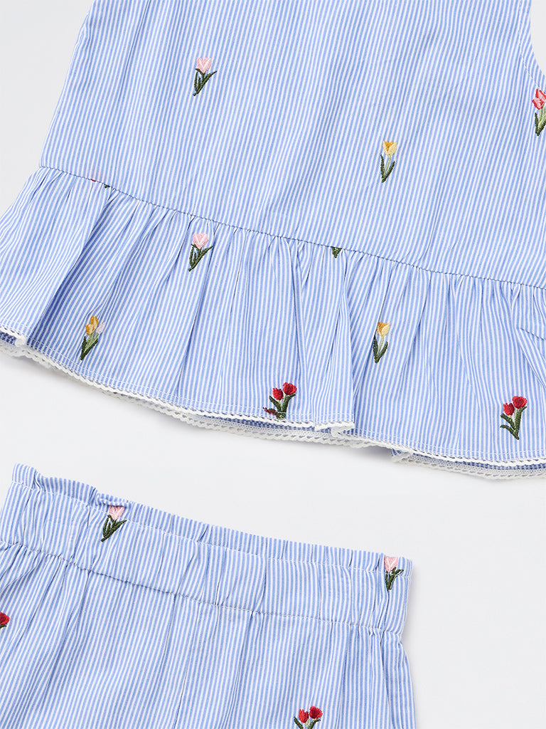HOP Kids Girls Blue Striped Cotton Top and Shorts Set