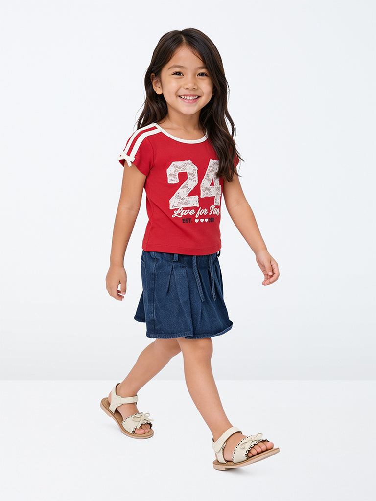HOP Kids Girls Red and Blue Printed Cotton-Blend T-Shirt and Skort Set with Belt