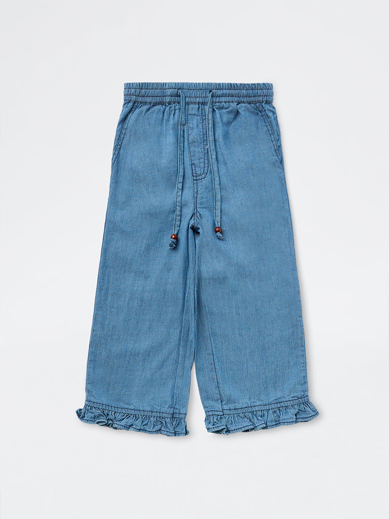 HOP Kids Girls Blue High-Rise Wide-Leg Denim Trousers