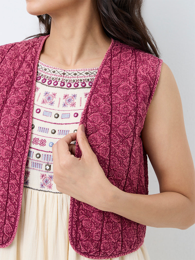 Bombay Paisley Pink Embroidered Cotton Quilted Waistcoat
