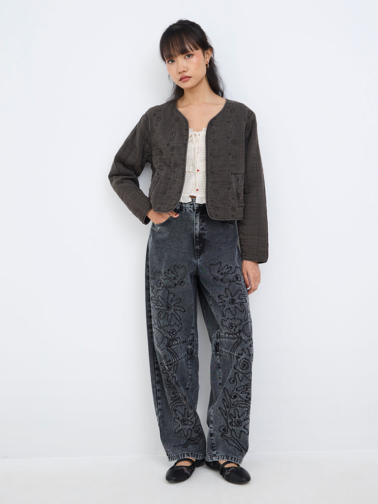 Bombay Paisley Charcoal Floral Embroidered Quilted Cotton Jacket