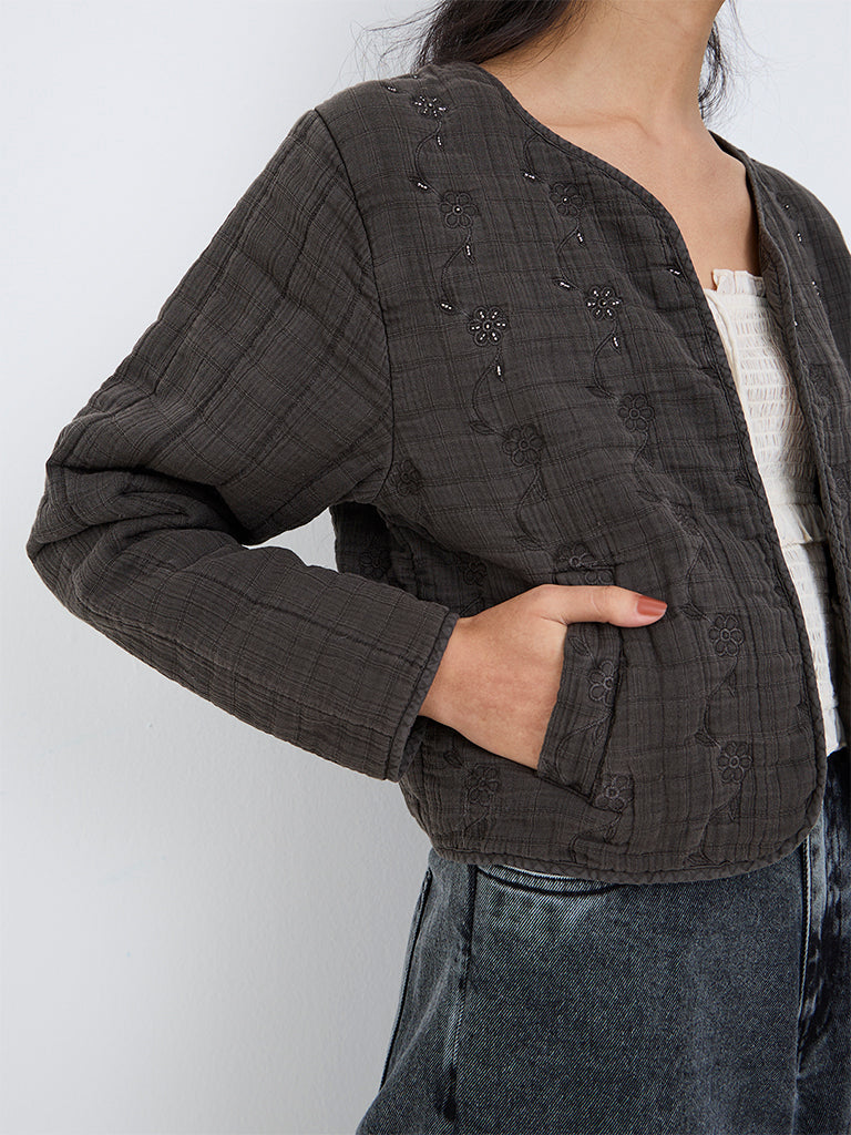 Bombay Paisley Charcoal Floral Embroidered Quilted Cotton Jacket