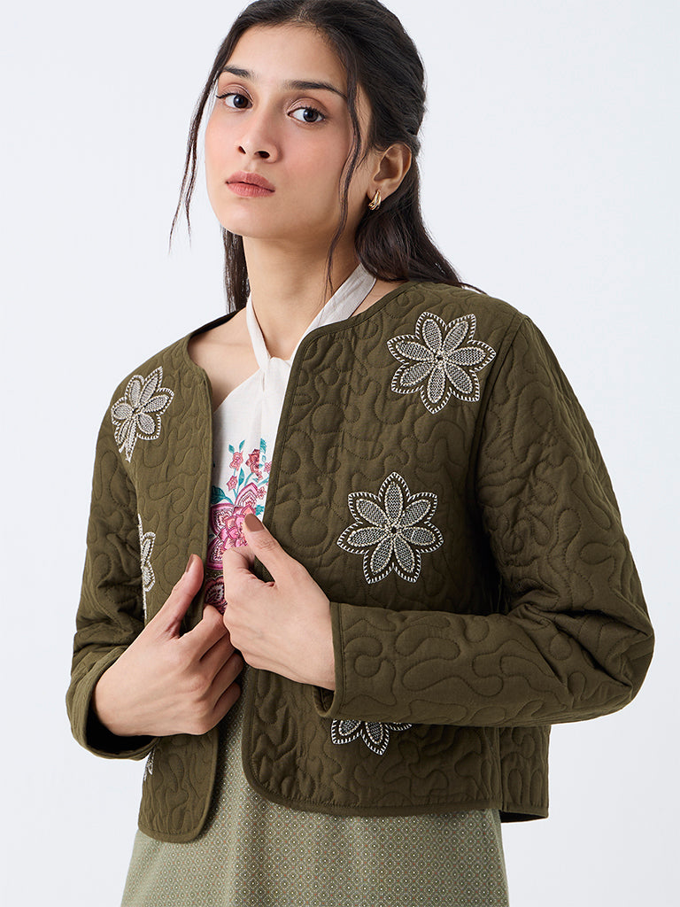Bombay Paisley Dark Olive Floral Embroidered Quilted Jacket