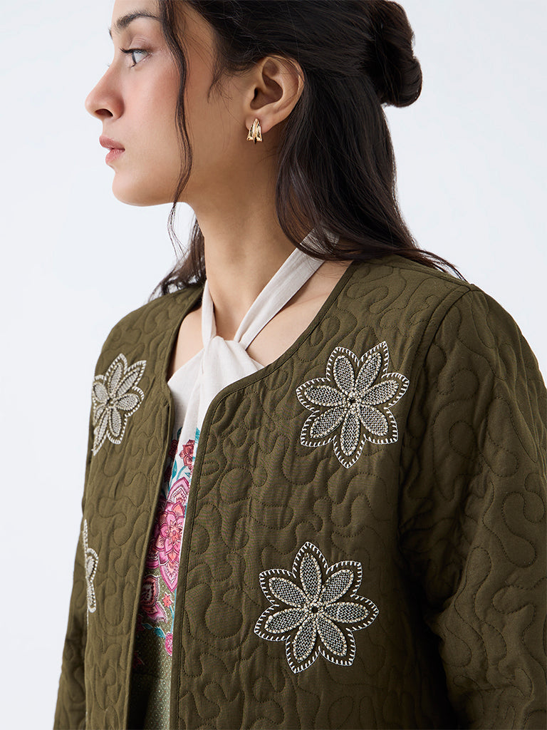 Bombay Paisley Dark Olive Floral Embroidered Quilted Jacket