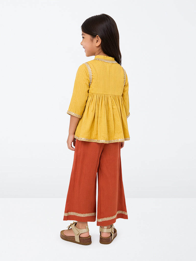 Utsa Kids Girls Yellow Sequin Embellished Cotton Top and Ethnic Pants Set - (2 -8 yrs)