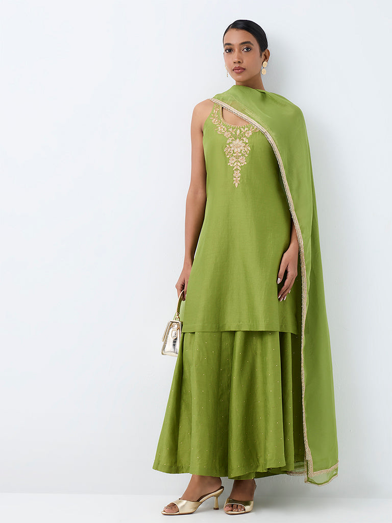 Vark Green Floral Embroidered A-Line Ethnic Set