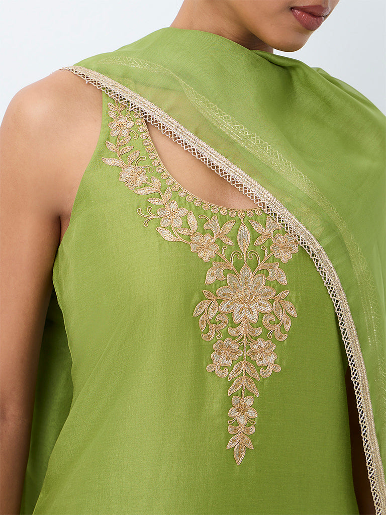 Vark Green Floral Embroidered A-Line Ethnic Set
