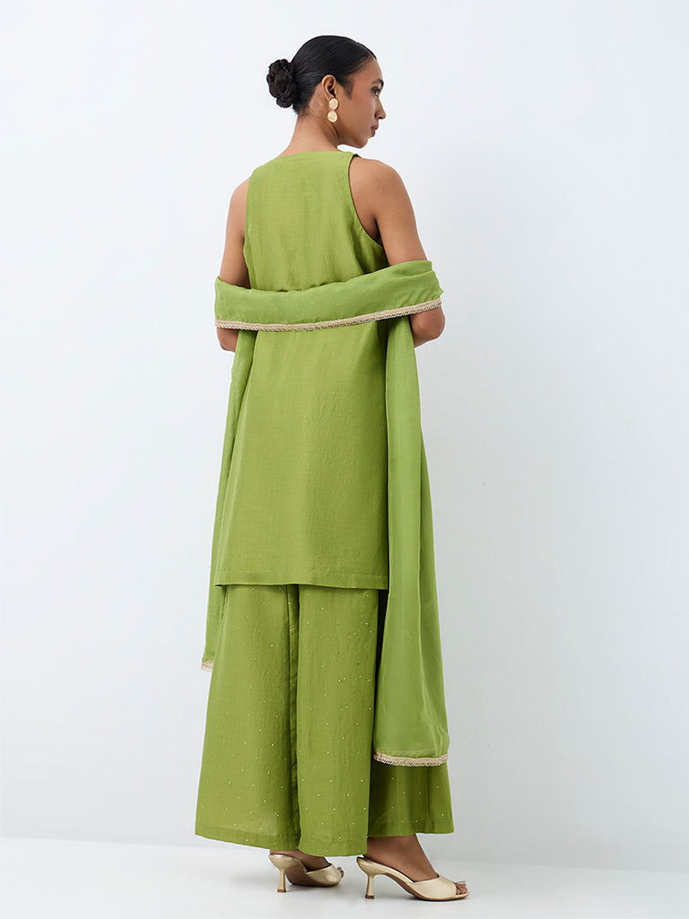 Vark Green Floral Embroidered A-Line Ethnic Set