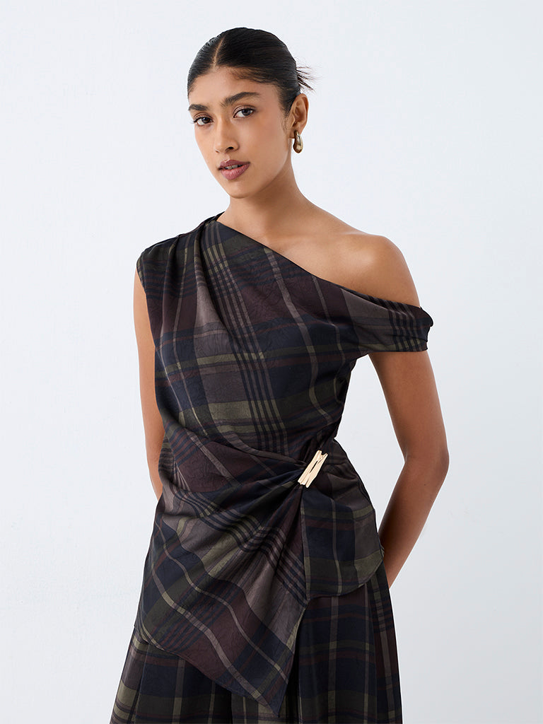 Wardrobe Multicolour Checkered One-Shoulder Top