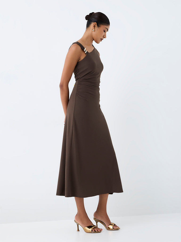 Wardrobe Khaki Solid A-Line Dress