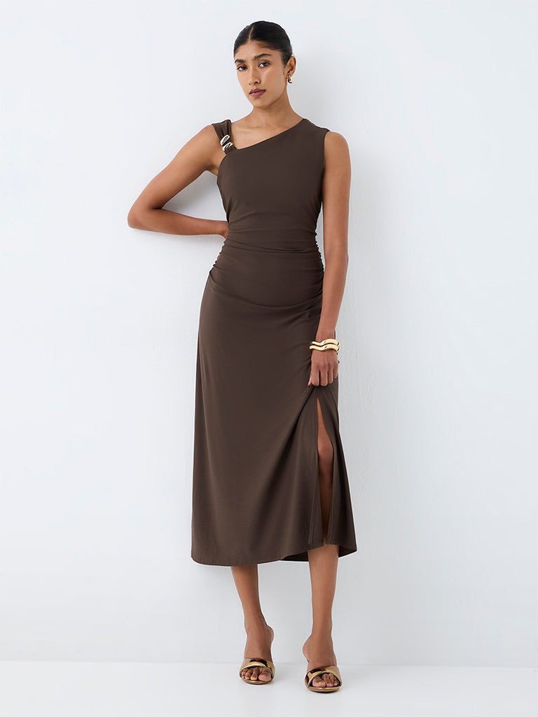 Wardrobe Khaki Solid A-Line Dress