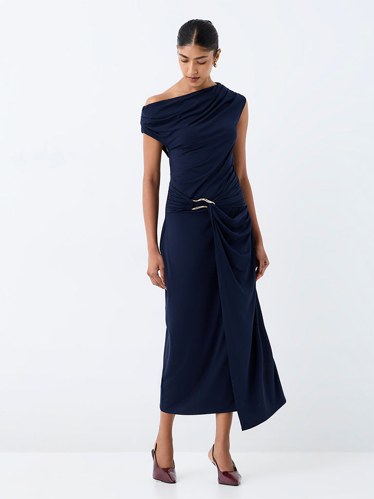 Wardrobe Navy Solid One-Shoulder Dress