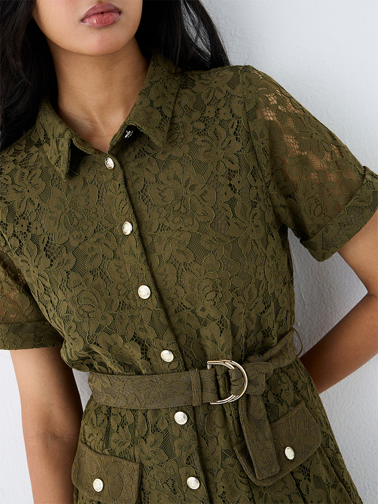 LOV Olive Lace Detailed Shirt Dress with Belt