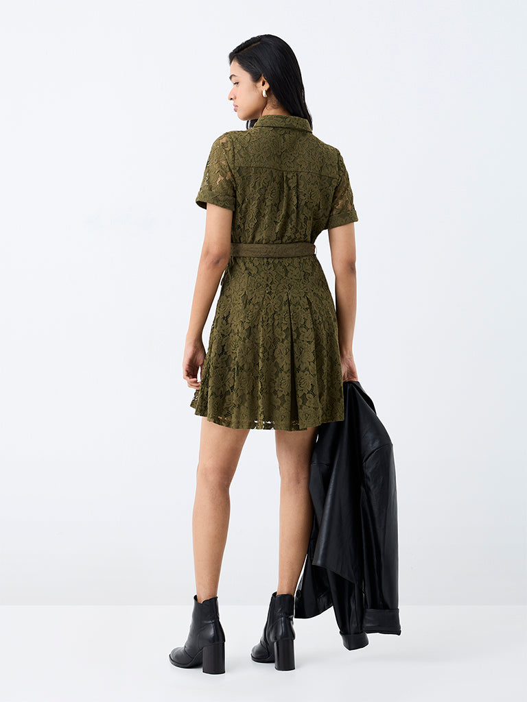 LOV Olive Lace Detailed Shirt Dress with Belt