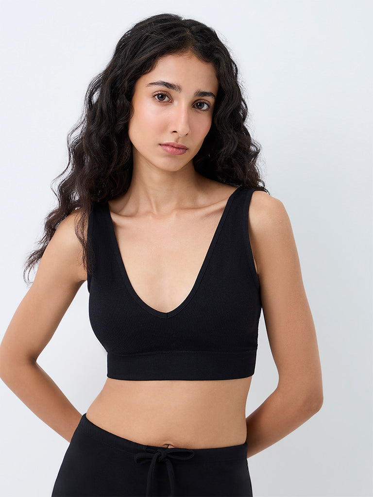 Superstar Black Ribbed Seam-Free Padded Bra