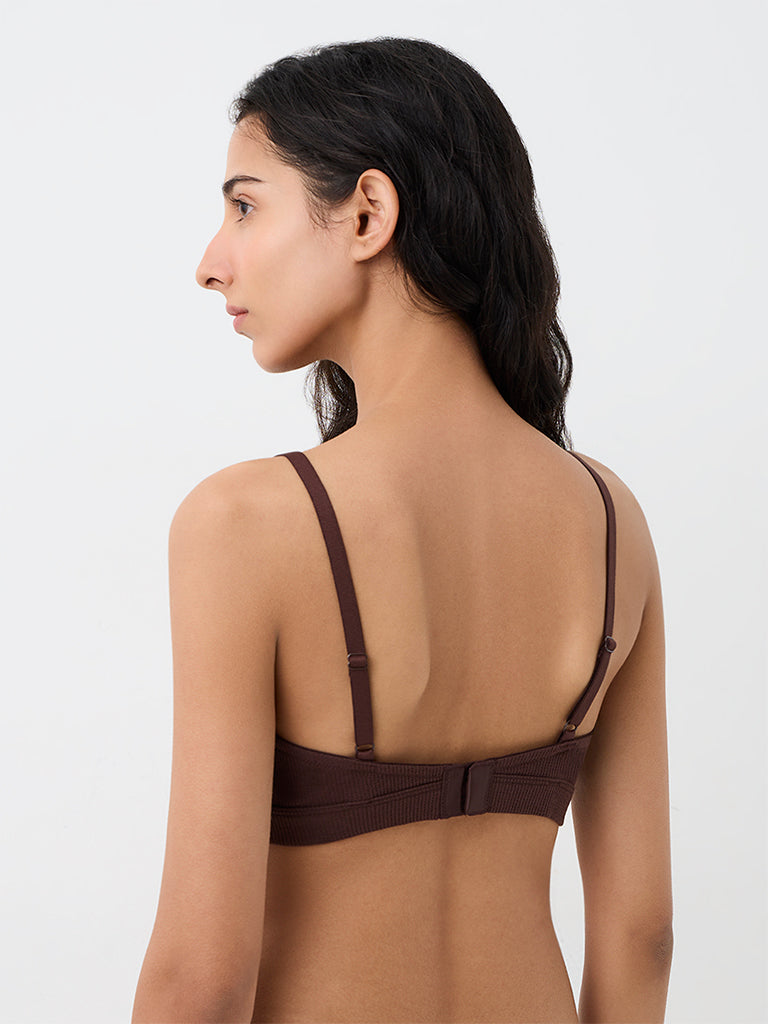 Superstar Dark Brown Waffle-Textured Padded Cotton-Blend Bra