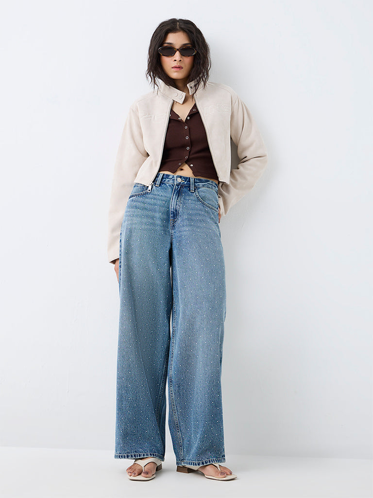 Nuon Blue Wash High-Waist Jeans with Metallic Embellishments