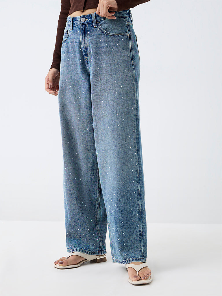 Nuon Blue Wash High-Waist Jeans with Metallic Embellishments