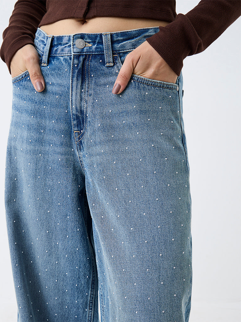 Nuon Blue Wash High-Waist Jeans with Metallic Embellishments