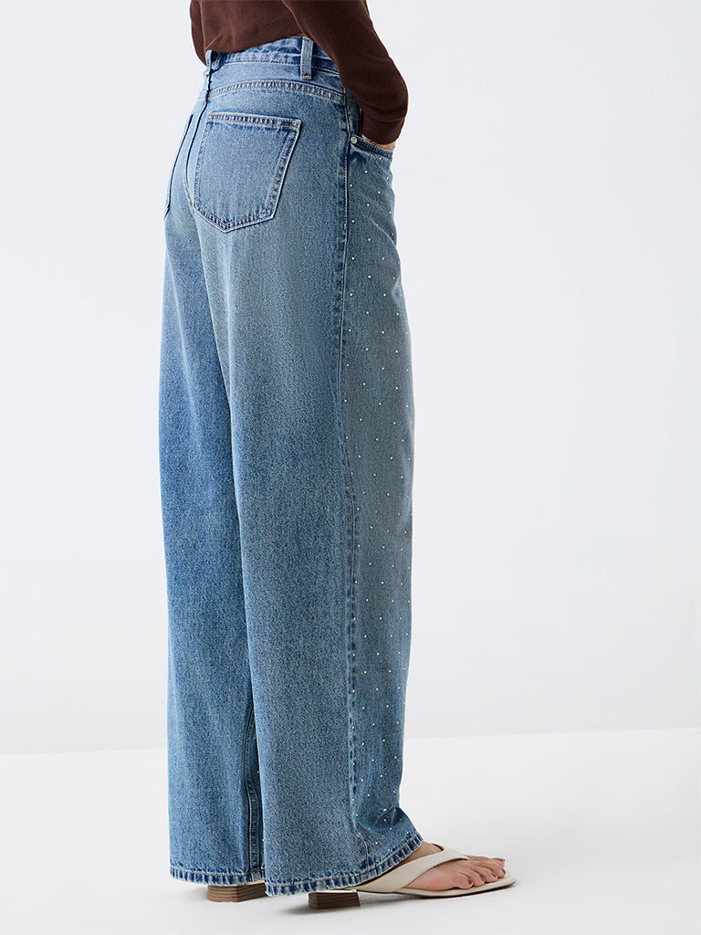 Nuon Blue Wash High-Waist Jeans with Metallic Embellishments