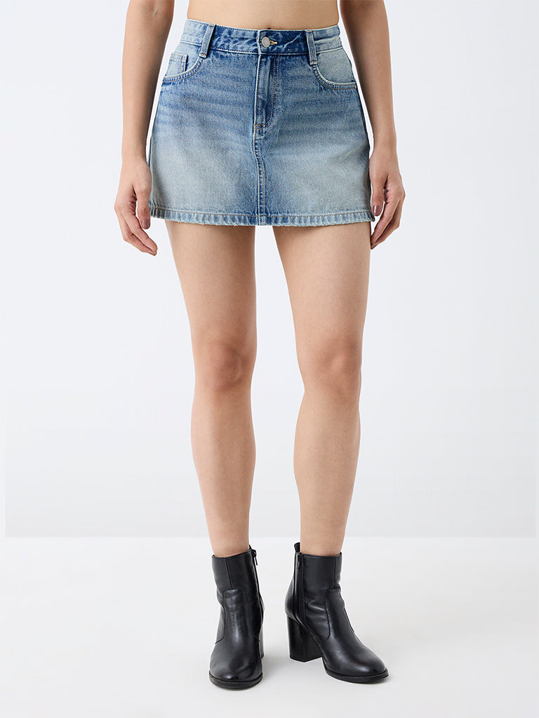 Nuon Blue Wash High-Waist Skirt with Star Prints
