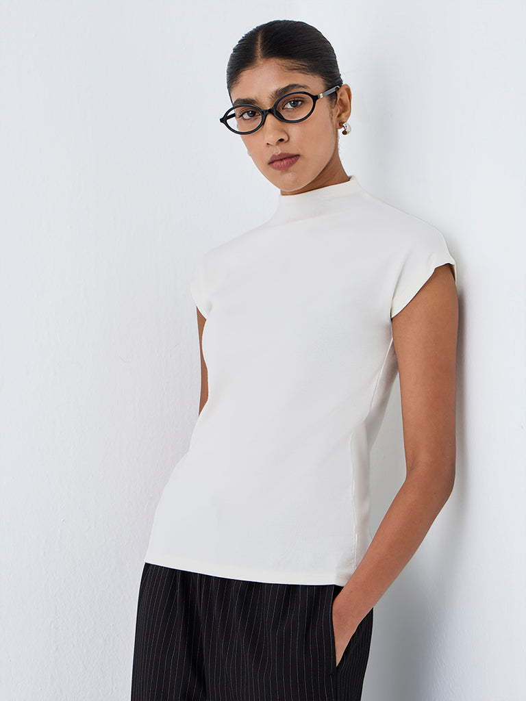 Wardrobe White Solid Mock-Neck Cotton-Blend Top