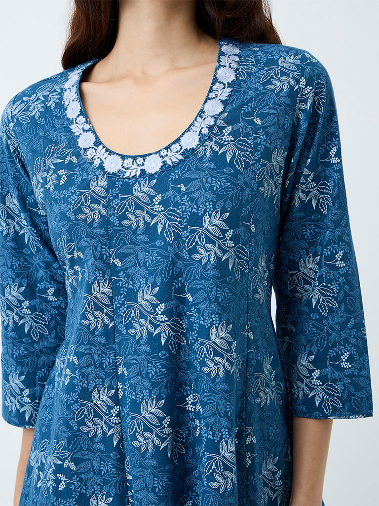 Utsa Blue Botanical Printed Cotton-Blend Kurti