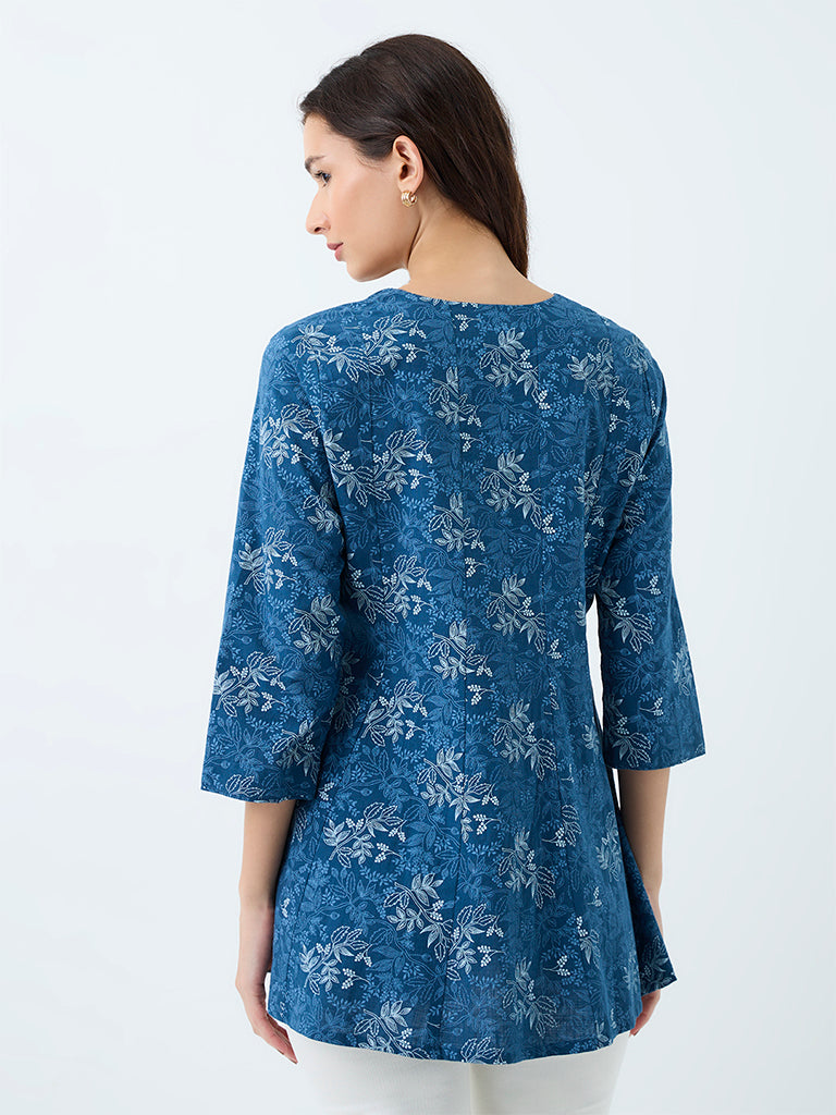 Utsa Blue Botanical Printed Cotton-Blend Kurti