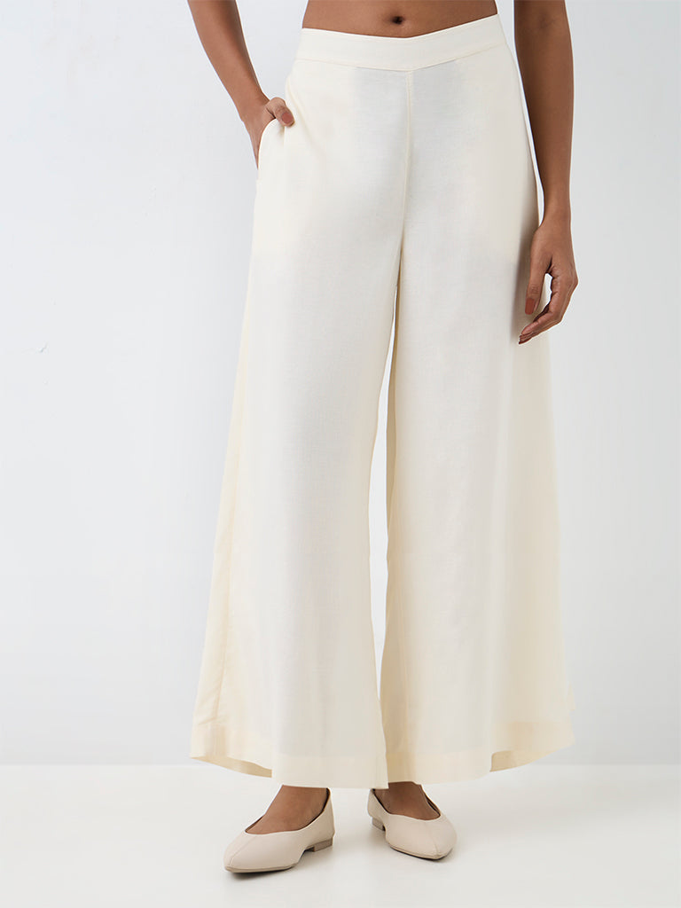 Zuba Off-White Solid Linen-Blend Pants