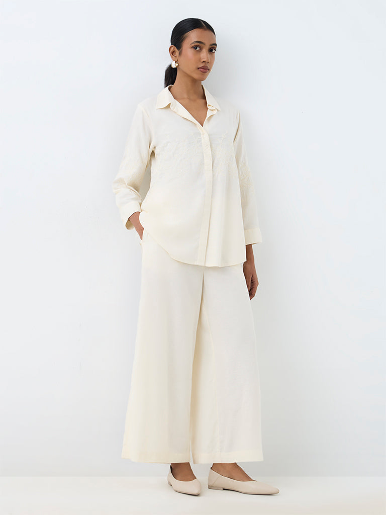 Zuba Off-White Solid Linen-Blend Pants