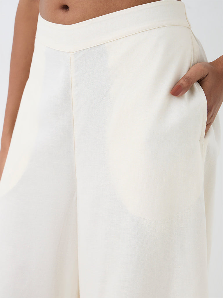 Zuba Off-White Solid Linen-Blend Pants