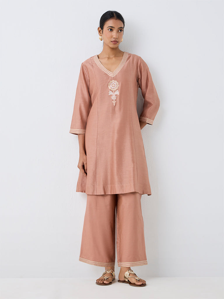 Zuba Dusty Pink Floral Embroidered Cotton-Blend A-Line Kurta