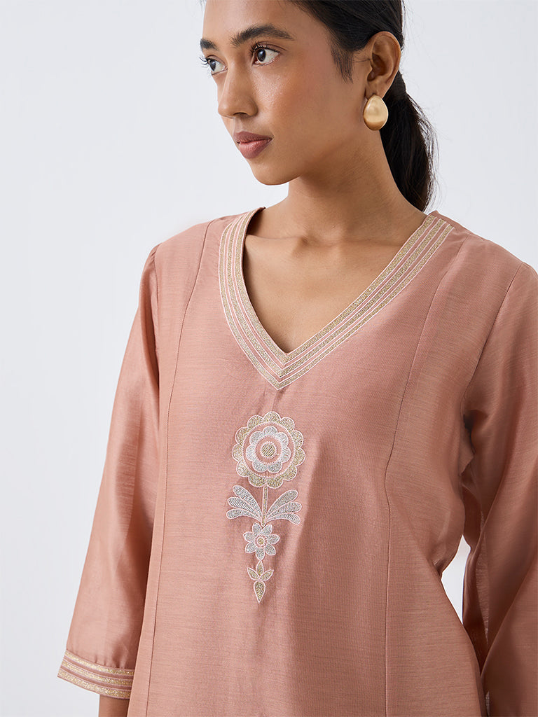 Zuba Dusty Pink Floral Embroidered Cotton-Blend A-Line Kurta
