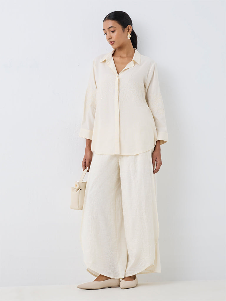 Zuba Off-White Floral Embroidered  Linen-Blend Tunic