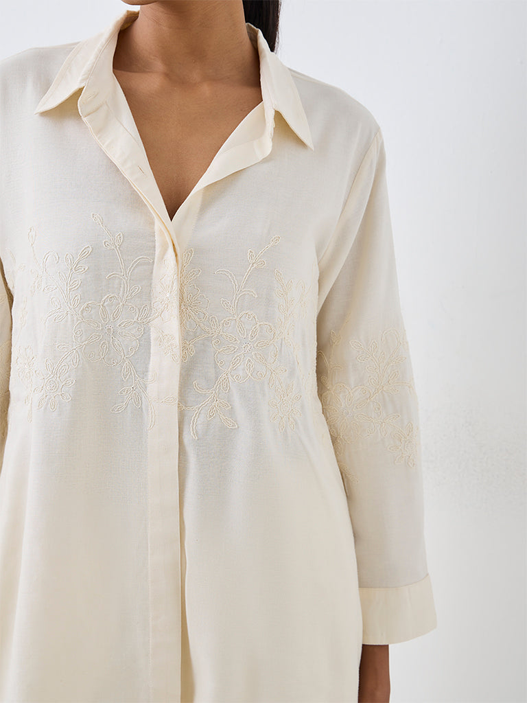 Zuba Off-White Floral Embroidered  Linen-Blend Tunic
