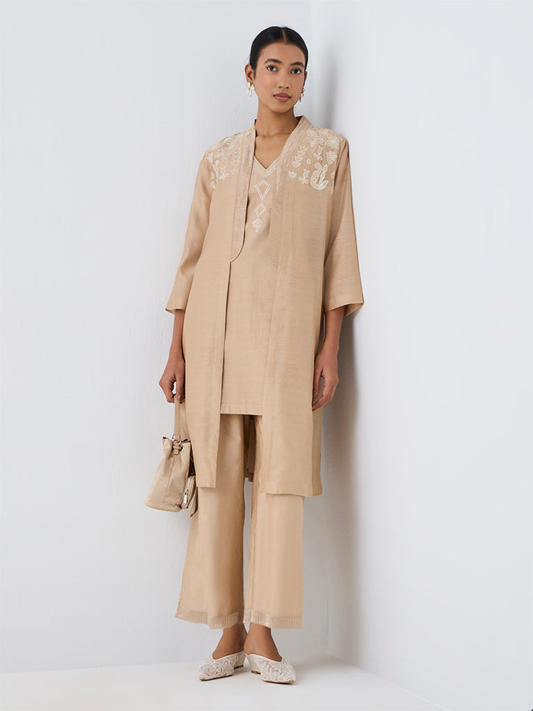 Zuba Beige Embroidered Cotton-Blend A-Line Kurta with Jacket