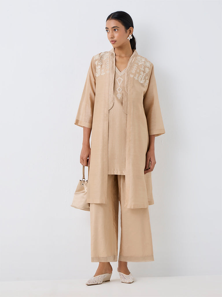 Zuba Beige Embroidered Cotton-Blend A-Line Kurta with Jacket