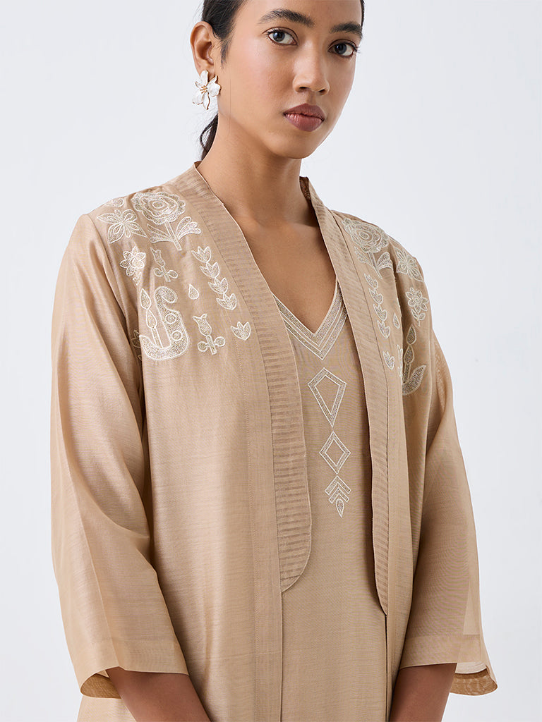 Zuba Beige Embroidered Cotton-Blend A-Line Kurta with Jacket