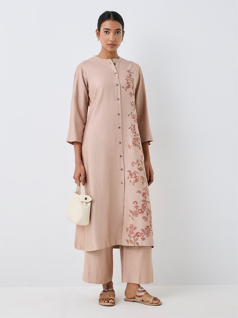 Zuba Beige Floral Embroidered A-Line Kurta