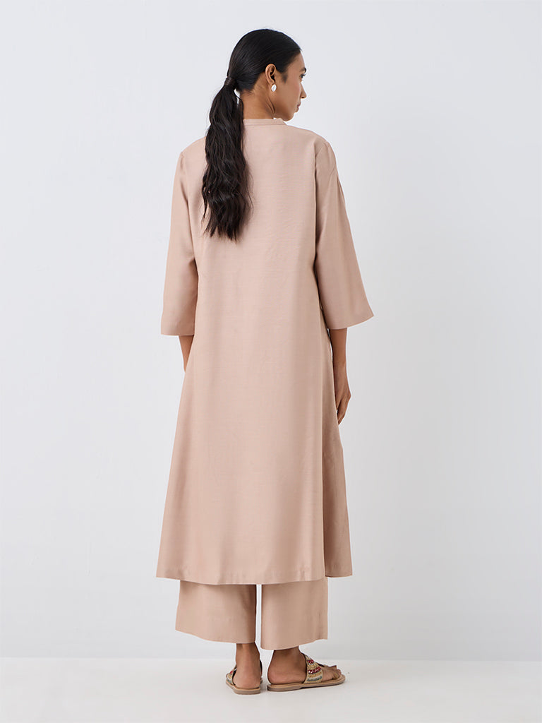 Zuba Beige Floral Embroidered A-Line Kurta