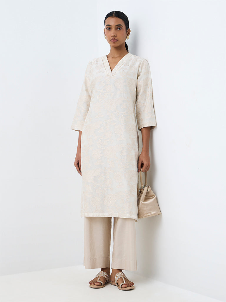 Zuba Ivory Floral Brocade A-Line Kurta
