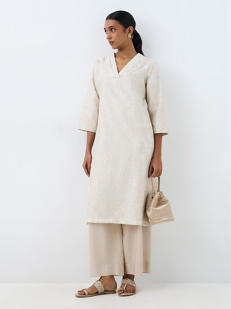 Zuba Ivory Floral Brocade A-Line Kurta